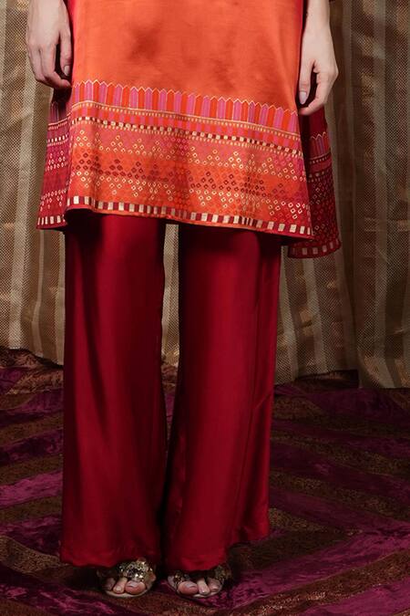 Krishna Mehta_Orange Embroidery Round Neck Linear Placement Print Tunic _Online_at_Aza_Fashions