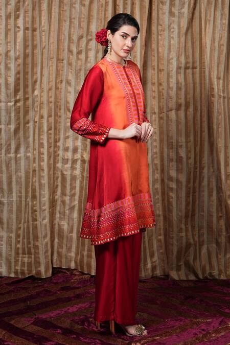Krishna Mehta_Orange Embroidery Round Neck Linear Placement Print Tunic _at_Aza_Fashions