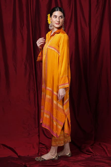 Krishna Mehta_Orange Modal Embroidery Collared Block Print Tunic _Online_at_Aza_Fashions
