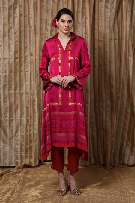 Krishna Mehta Red Modal Embroidery Collared Linear Tunic 