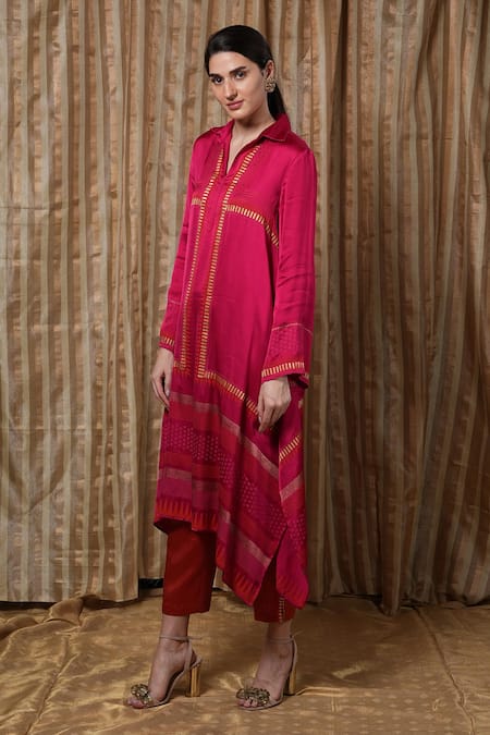 Krishna Mehta Red Modal Embroidery Collared Linear Tunic Online at Aza Fashions Krishna Mehta_Red Modal Embroidery Collared Linear Tunic _Online_at_Aza_Fashions