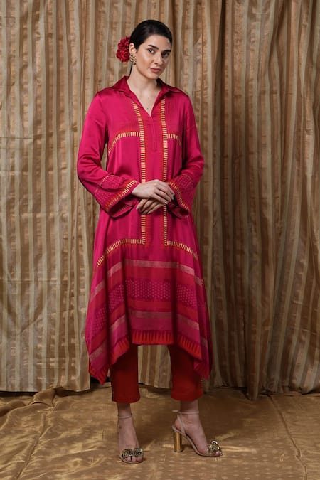 Buy Krishna Mehta Red Modal Embroidery Collared Linear Tunic Online at Aza Fashions Buy_Krishna Mehta_Red Modal Embroidery Collared Linear Tunic _Online_at_Aza_Fashions