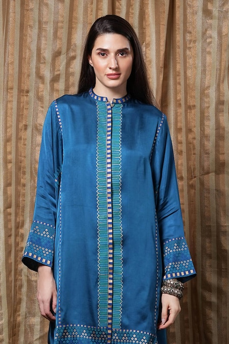 Buy Krishna Mehta Blue Modal Embroidery Placket Printed Tunic Online at Aza Fashions Buy_Krishna Mehta_Blue Modal Embroidery Placket Printed Tunic _Online_at_Aza_Fashions