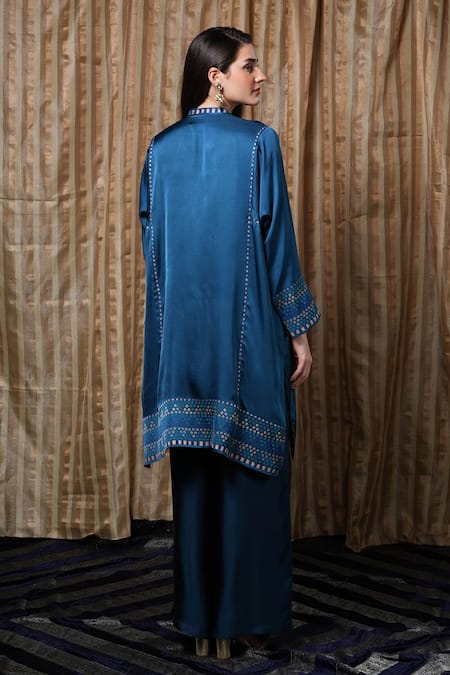 Shop Krishna Mehta Blue Modal Embroidery Placket Printed Tunic at Aza Fashions Shop_Krishna Mehta_Blue Modal Embroidery Placket Printed Tunic _at_Aza_Fashions