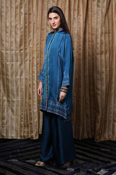Shop Krishna Mehta Blue Modal Embroidery Placket Printed Tunic Online at Aza Fashions Shop_Krishna Mehta_Blue Modal Embroidery Placket Printed Tunic _Online_at_Aza_Fashions
