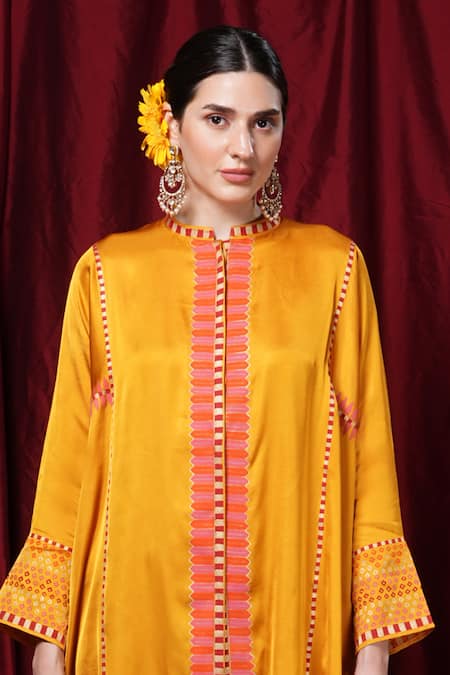 Buy_Krishna Mehta_Yellow Modal Embroidery Round Neck Placement Printed Tunic _Online_at_Aza_Fashions