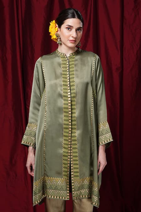 Krishna Mehta Olive Green Modal Embroidery Mandarin Collar Placement Printed Tunic 