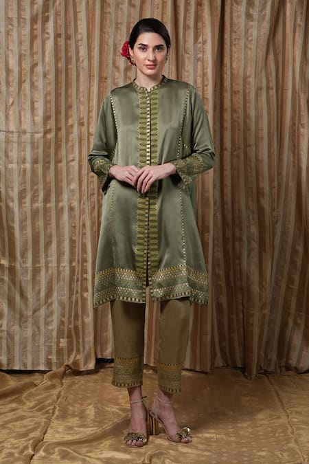 Shop_Krishna Mehta_Olive Green Modal Embroidery Mandarin Collar Placement Printed Tunic _Online_at_Aza_Fashions