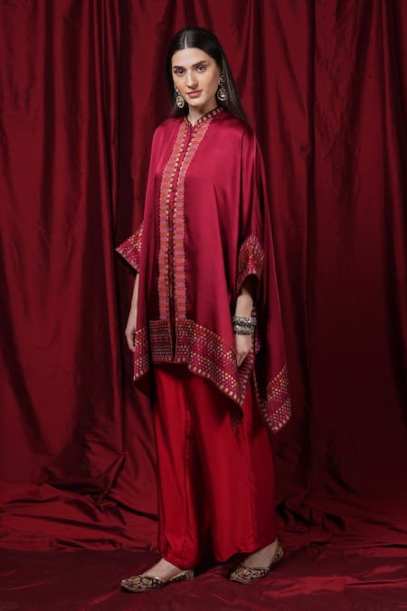 Krishna Mehta Red Modal Round Neck Block Print Kaftan Online at Aza Fashions Krishna Mehta_Red Modal Round Neck Block Print Kaftan _Online_at_Aza_Fashions