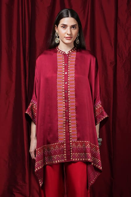 Krishna Mehta Red Modal Round Neck Block Print Kaftan 