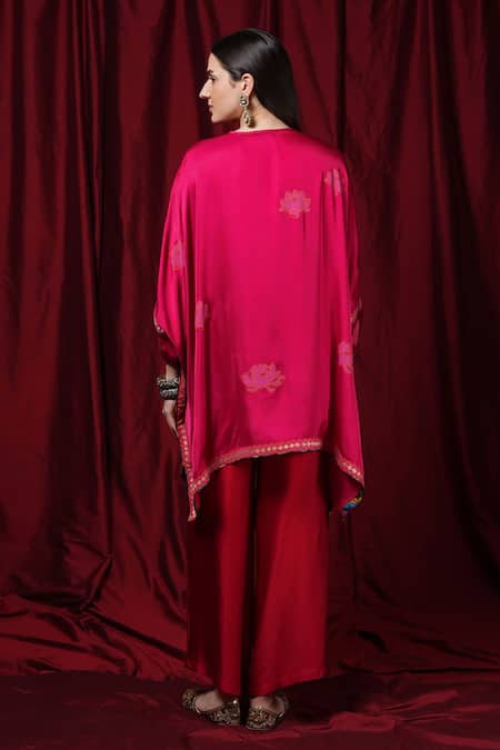 Shop Krishna Mehta Red Modal Embroidery Round Neck Floral Print Kaftan at Aza Fashions Shop_Krishna Mehta_Red Modal Embroidery Round Neck Floral Print Kaftan _at_Aza_Fashions