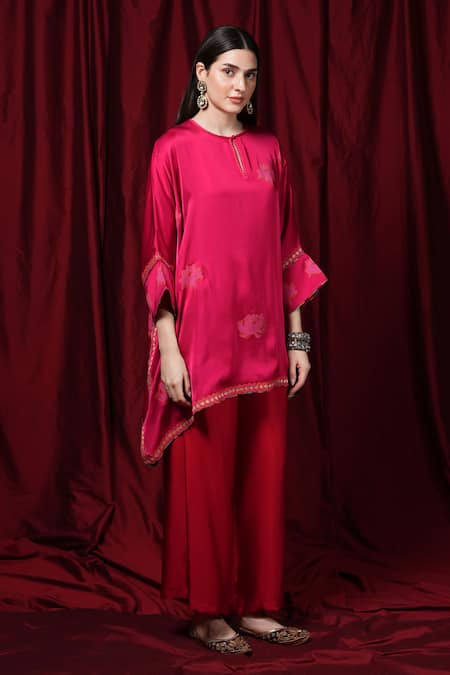 Shop Krishna Mehta Red Modal Embroidery Round Neck Floral Print Kaftan Online at Aza Fashions Shop_Krishna Mehta_Red Modal Embroidery Round Neck Floral Print Kaftan _Online_at_Aza_Fashions
