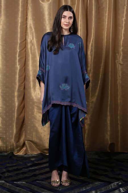 Krishna Mehta_Blue Modal Round Neck Block Print Kaftan _Online_at_Aza_Fashions