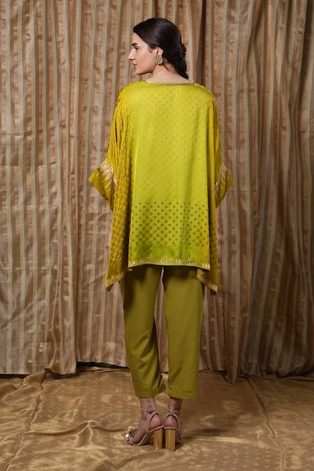 Shop Krishna Mehta Lime Modal Round Neck Scattered Dot Print Kaftan at Aza Fashions Shop_Krishna Mehta_Lime Modal Round Neck Scattered Dot Print Kaftan _at_Aza_Fashions