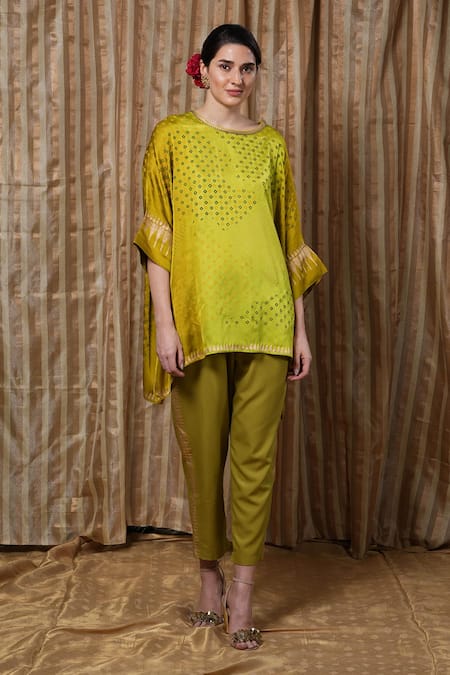 Krishna Mehta Lime Modal Round Neck Scattered Dot Print Kaftan Online at Aza Fashions Krishna Mehta_Lime Modal Round Neck Scattered Dot Print Kaftan _Online_at_Aza_Fashions