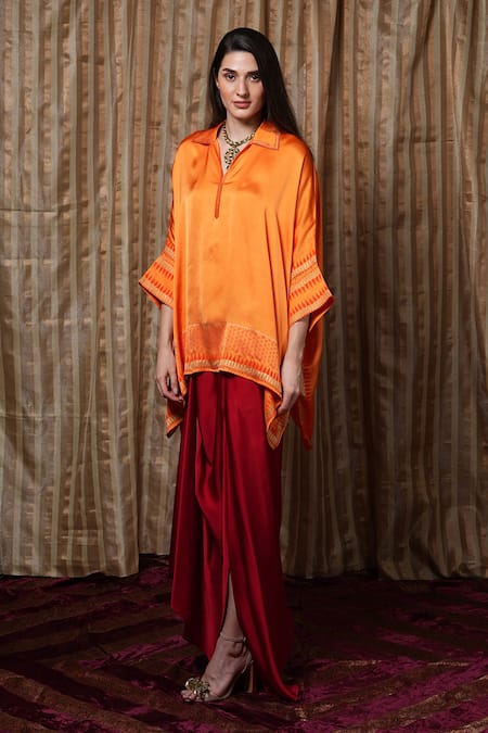 Krishna Mehta Orange Modal Collared Hand Block Print Kaftan 