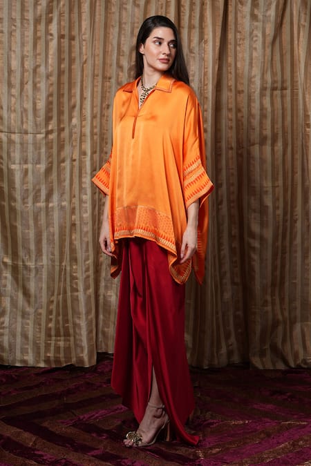Krishna Mehta_Orange Modal Collared Hand Block Print Kaftan _Online_at_Aza_Fashions