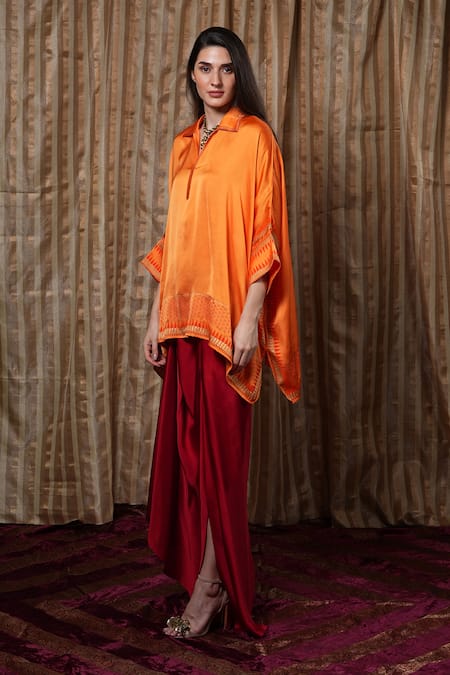 Buy_Krishna Mehta_Orange Modal Collared Hand Block Print Kaftan _Online_at_Aza_Fashions