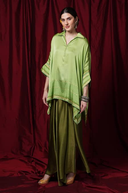 Buy Krishna Mehta Lime Modal Collared Geometric Print Kaftan Online at Aza Fashions Buy_Krishna Mehta_Lime Modal Collared Geometric Print Kaftan _Online_at_Aza_Fashions