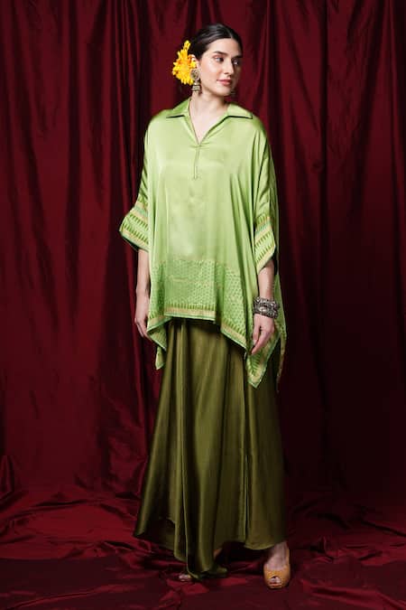 Shop Krishna Mehta Lime Modal Collared Geometric Print Kaftan Online at Aza Fashions Shop_Krishna Mehta_Lime Modal Collared Geometric Print Kaftan _Online_at_Aza_Fashions