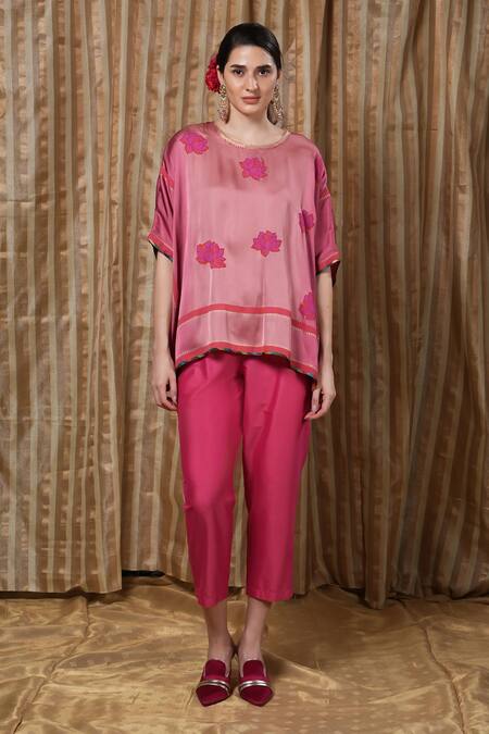 Shop Krishna Mehta Pink Modal Embroidery Round Neck Flower Print Kaftan Online at Aza Fashions Shop_Krishna Mehta_Pink Modal Embroidery Round Neck Flower Print Kaftan _Online_at_Aza_Fashions