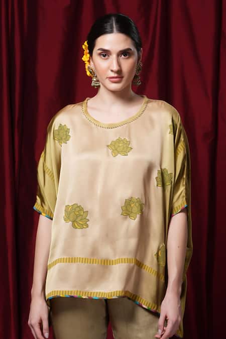 Krishna Mehta Green Modal Embroidery Round Neck Floral Print Kaftan 