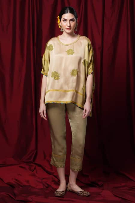 Shop Krishna Mehta Green Modal Embroidery Round Neck Floral Print Kaftan Online at Aza Fashions Shop_Krishna Mehta_Green Modal Embroidery Round Neck Floral Print Kaftan _Online_at_Aza_Fashions