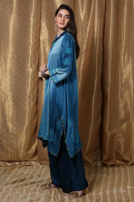 Buy_Krishna Mehta_Blue Modal Embroidery Collared Floral Print Tunic _Online_at_Aza_Fashions