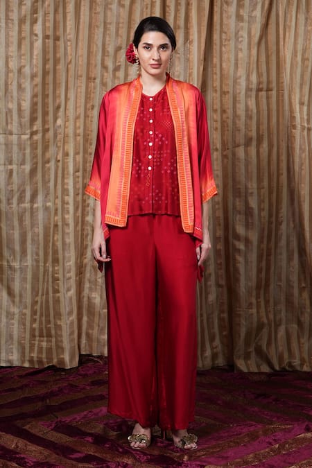 Krishna Mehta_Orange Modal Open Neck Dot Print Jacket _Online_at_Aza_Fashions