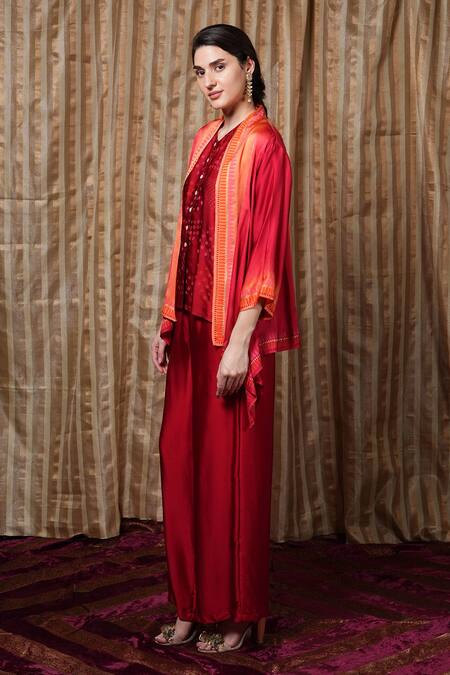 Buy_Krishna Mehta_Orange Modal Open Neck Dot Print Jacket _Online_at_Aza_Fashions