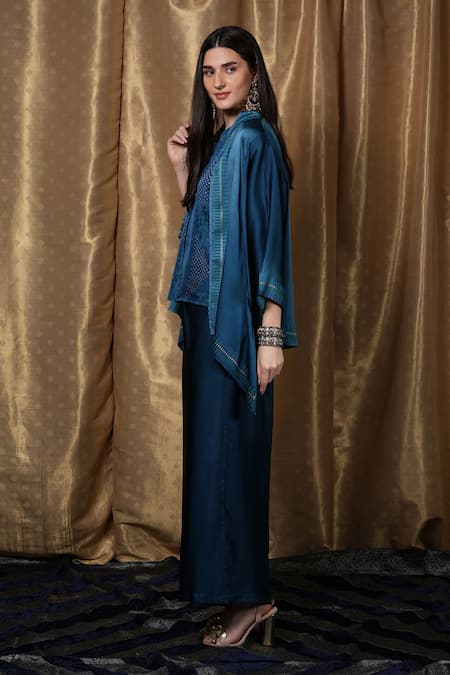 Krishna Mehta_Blue Modal Open Neck Geometric Print Jacket _Online_at_Aza_Fashions