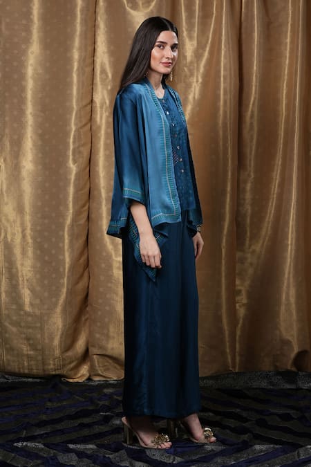 Buy_Krishna Mehta_Blue Modal Open Neck Geometric Print Jacket _Online_at_Aza_Fashions