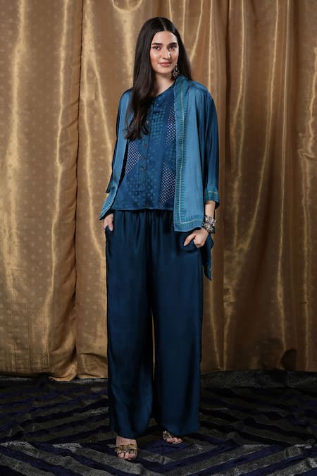 Shop_Krishna Mehta_Blue Modal Open Neck Geometric Print Jacket _Online_at_Aza_Fashions