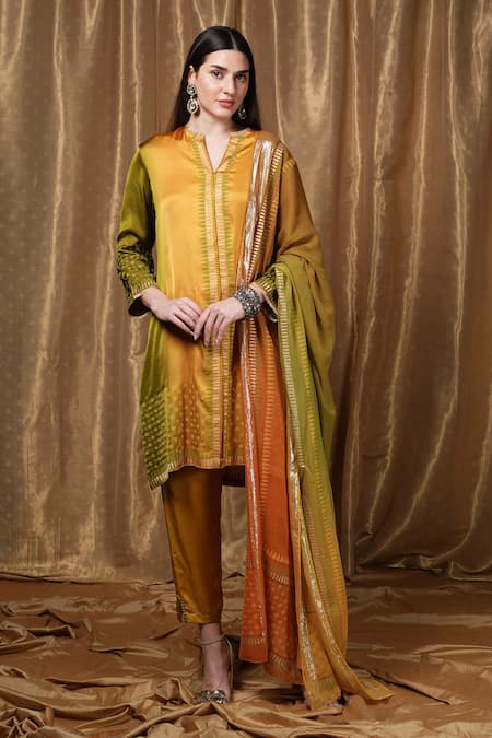 Krishna Mehta_Mustard Modal Embroidery V-neck Placement Printed Tunic _Online_at_Aza_Fashions