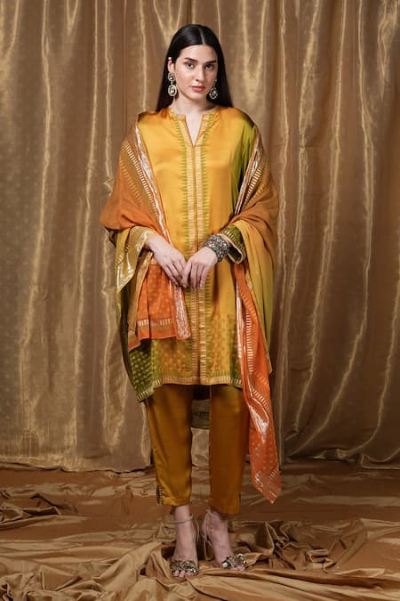 Buy_Krishna Mehta_Mustard Modal Embroidery V-neck Placement Printed Tunic _Online_at_Aza_Fashions