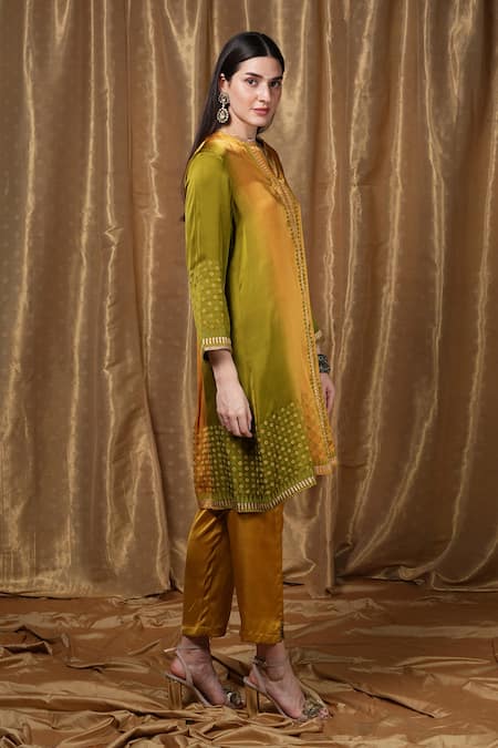 Shop_Krishna Mehta_Mustard Modal Embroidery V-neck Placement Printed Tunic _Online_at_Aza_Fashions