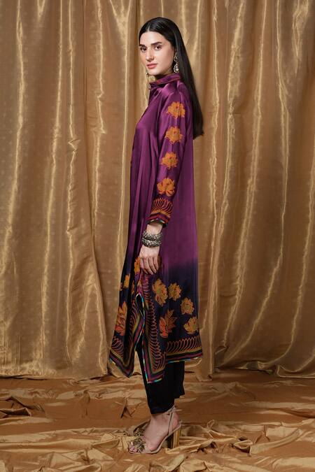 Krishna Mehta_Purple Modal Embroidery Collared Florette Print Tunic _Online_at_Aza_Fashions