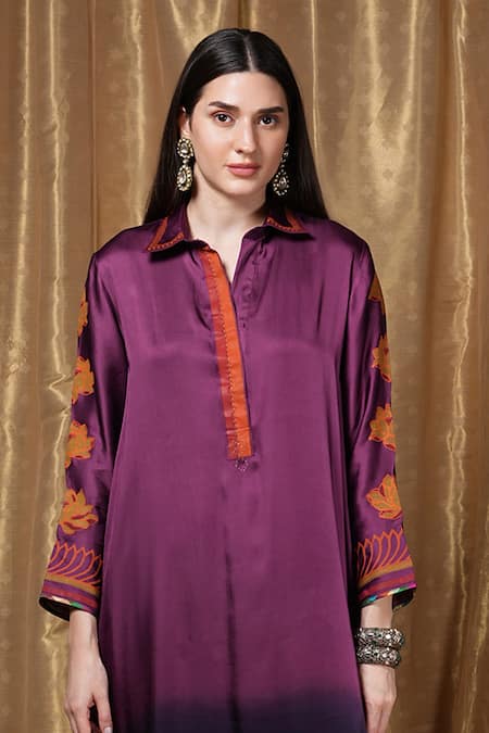 Buy_Krishna Mehta_Purple Modal Embroidery Collared Florette Print Tunic _Online_at_Aza_Fashions