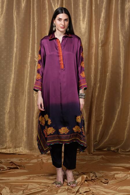 Shop_Krishna Mehta_Purple Modal Embroidery Collared Florette Print Tunic _Online_at_Aza_Fashions