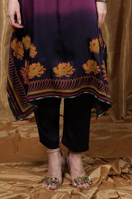 Krishna Mehta_Purple Modal Embroidery Collared Florette Print Tunic _at_Aza_Fashions