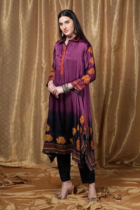 Krishna Mehta Purple Modal Embroidery Collared Florette Print Tunic 
