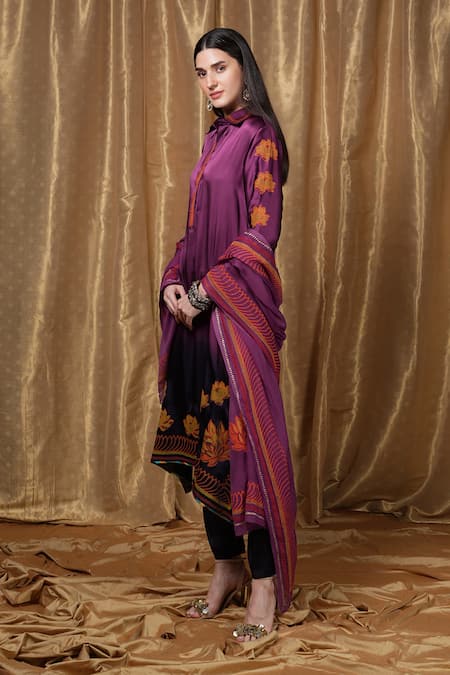 Buy_Krishna Mehta_Purple Modal Embroidery Collared Florette Print Tunic 