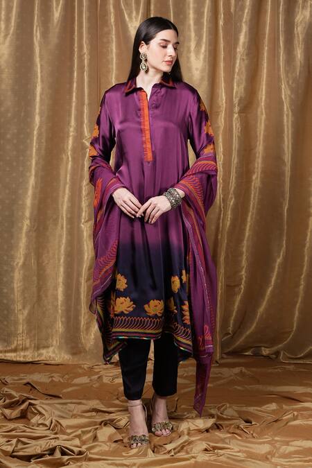 Shop_Krishna Mehta_Purple Modal Embroidery Collared Florette Print Tunic 