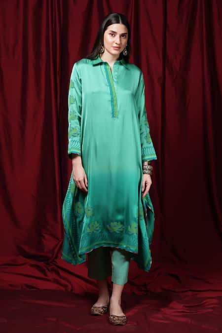 Krishna Mehta Green Modal Embroidery Collared Block Print Tunic 