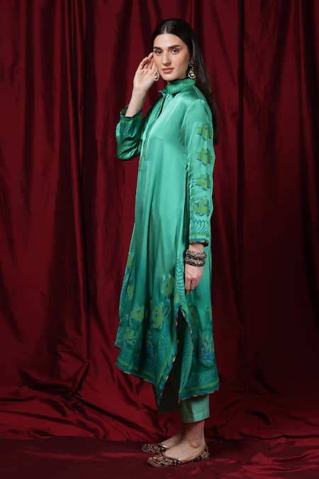 Buy_Krishna Mehta_Green Modal Embroidery Collared Block Print Tunic 