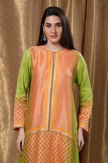 Buy_Krishna Mehta_Orange Modal Round Neck Geometric Print Tunic _Online_at_Aza_Fashions