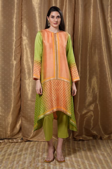 Shop_Krishna Mehta_Orange Modal Round Neck Geometric Print Tunic _Online_at_Aza_Fashions