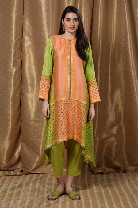 Krishna Mehta_Orange Modal Round Neck Geometric Print Tunic _at_Aza_Fashions