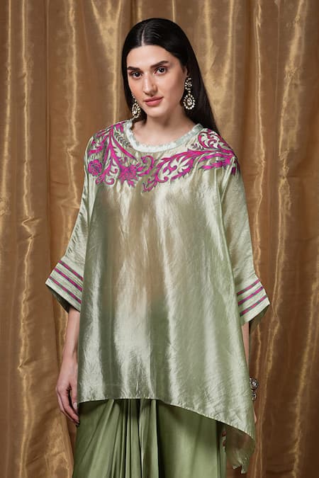 Krishna Mehta Green Silk Embroidery Round Neck Floral Neckline Kaftan 