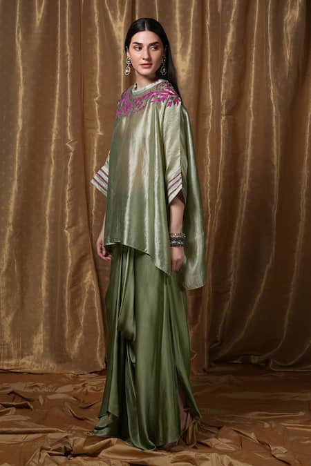 Krishna Mehta_Green Silk Embroidery Round Neck Floral Neckline Kaftan _Online_at_Aza_Fashions